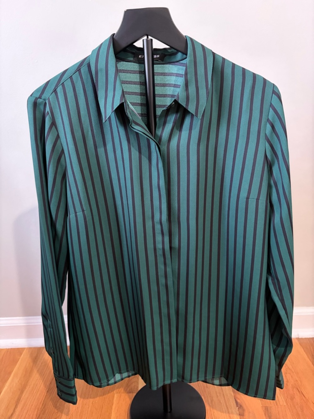 Express Green and Black Vertical Stripe Button-Down Shirt